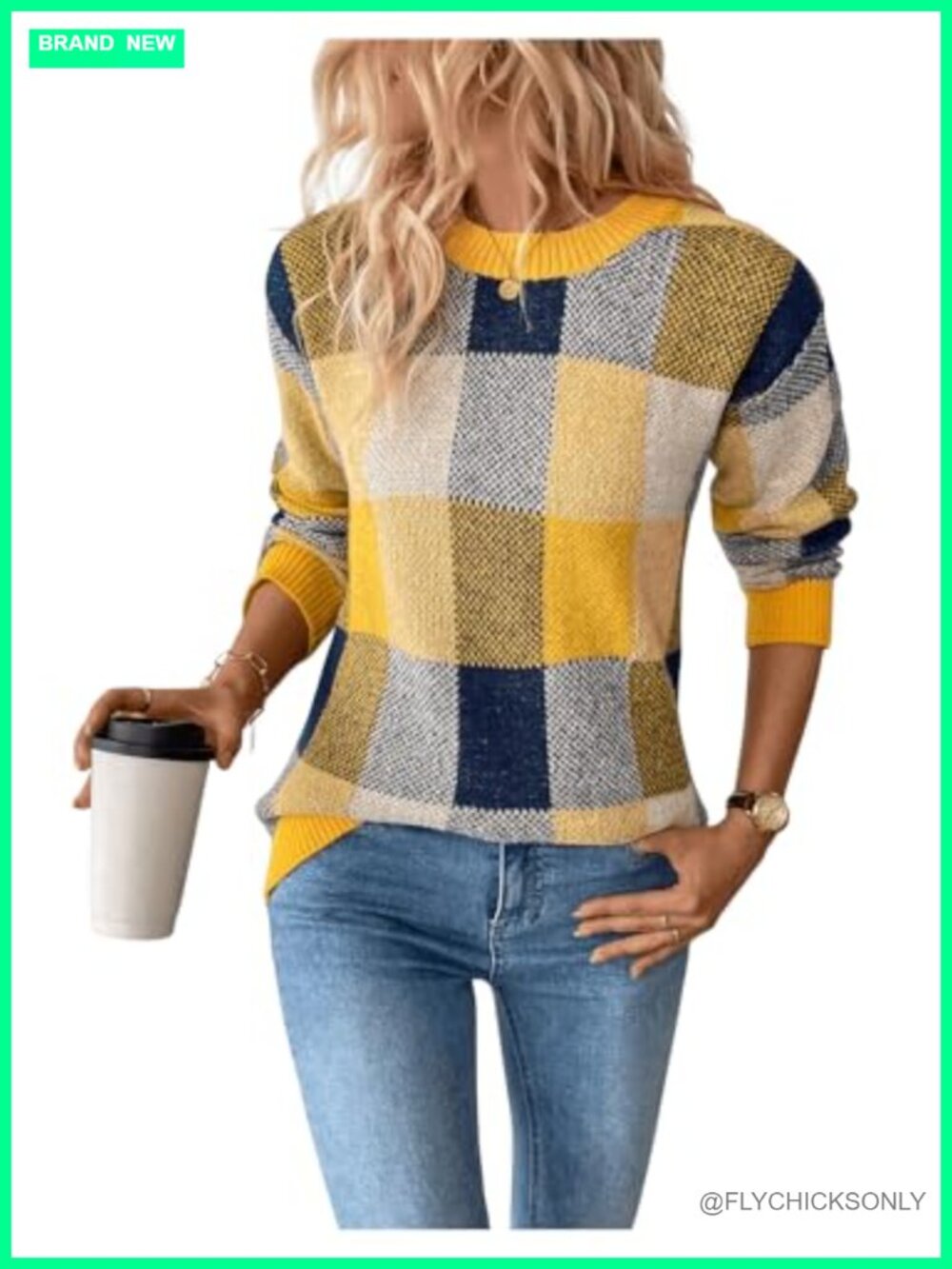 Argyle Checkered Plaid Sweater Pullover Round Neck Long Sleeve
